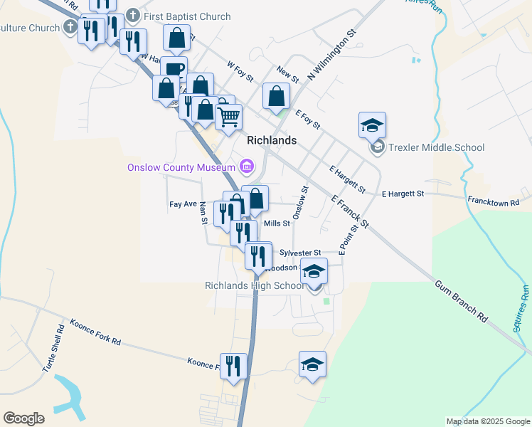 map of restaurants, bars, coffee shops, grocery stores, and more near 204 North Wilmington Street in Richlands