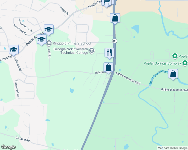 map of restaurants, bars, coffee shops, grocery stores, and more near 15 Night Shade Lane in Ringgold