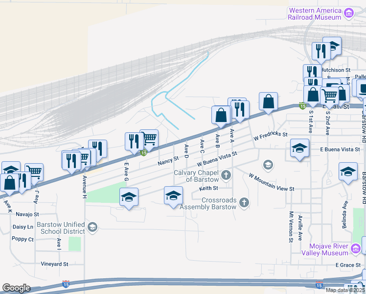map of restaurants, bars, coffee shops, grocery stores, and more near 1010 National Trails Highway in Barstow