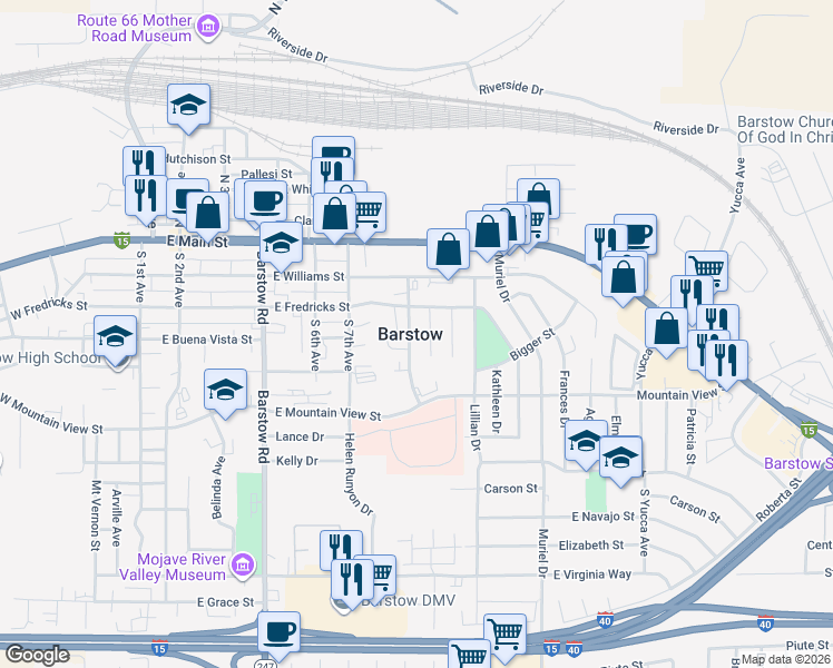 map of restaurants, bars, coffee shops, grocery stores, and more near 319 Melissa Avenue in Barstow
