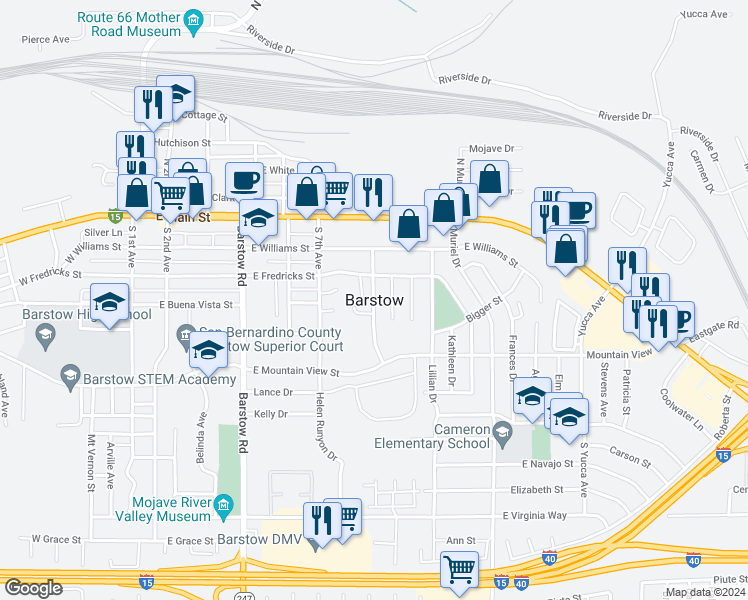 map of restaurants, bars, coffee shops, grocery stores, and more near in Barstow