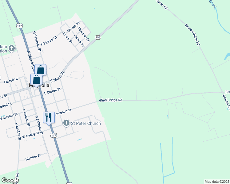 map of restaurants, bars, coffee shops, grocery stores, and more near Rivenbark Farm Lane in Magnolia