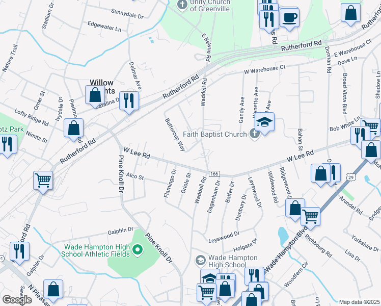map of restaurants, bars, coffee shops, grocery stores, and more near 103 Buttercup Way in Taylors