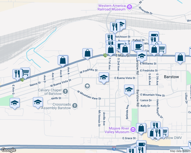 map of restaurants, bars, coffee shops, grocery stores, and more near 313 West Buena Vista Street in Barstow
