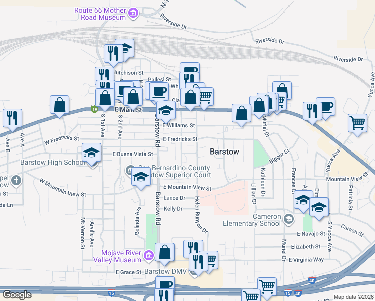 map of restaurants, bars, coffee shops, grocery stores, and more near 609 East Buena Vista Street in Barstow