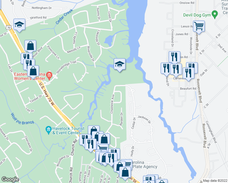map of restaurants, bars, coffee shops, grocery stores, and more near 419 Chadwick Avenue in Havelock