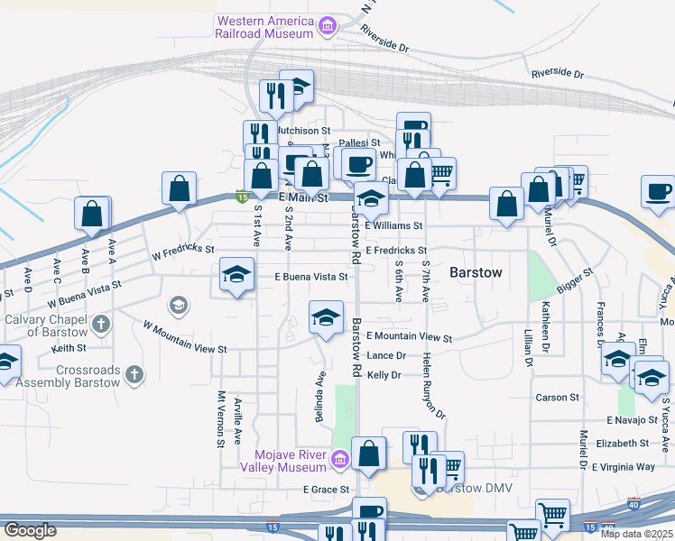 map of restaurants, bars, coffee shops, grocery stores, and more near 313 E Buena Vista St in Barstow