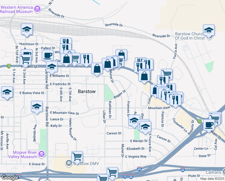 map of restaurants, bars, coffee shops, grocery stores, and more near 401 Adele Drive in Barstow