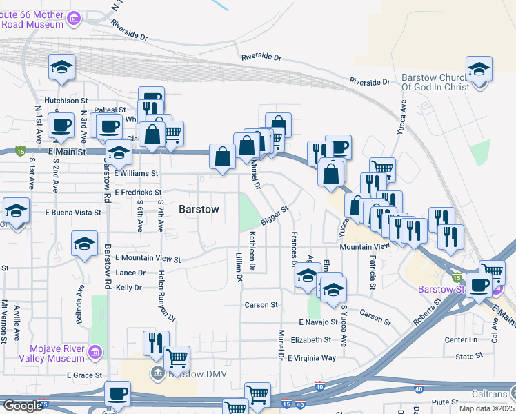 map of restaurants, bars, coffee shops, grocery stores, and more near 401 Adele Drive in Barstow