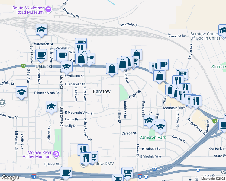 map of restaurants, bars, coffee shops, grocery stores, and more near 330 Lillian Drive in Barstow