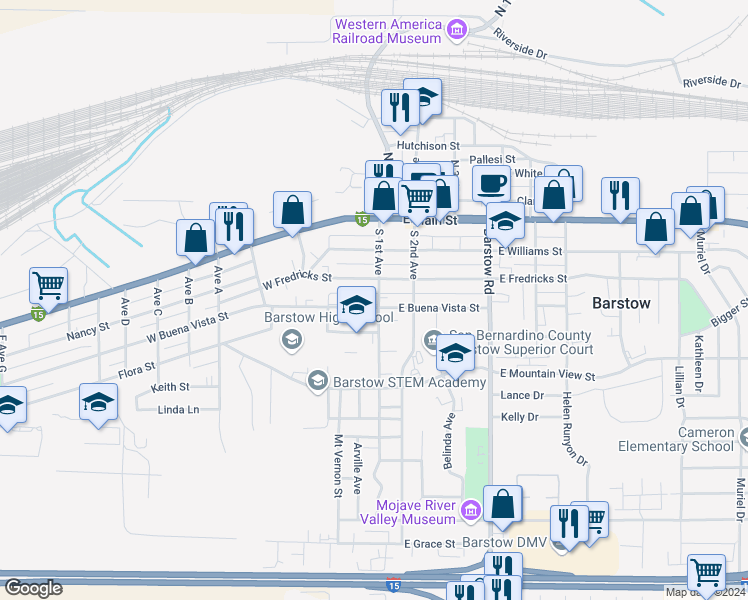 map of restaurants, bars, coffee shops, grocery stores, and more near 133 West Buena Vista Street in Barstow