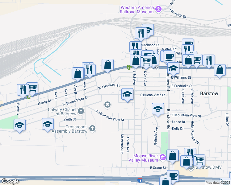 map of restaurants, bars, coffee shops, grocery stores, and more near 313 West Buena Vista Street in Barstow