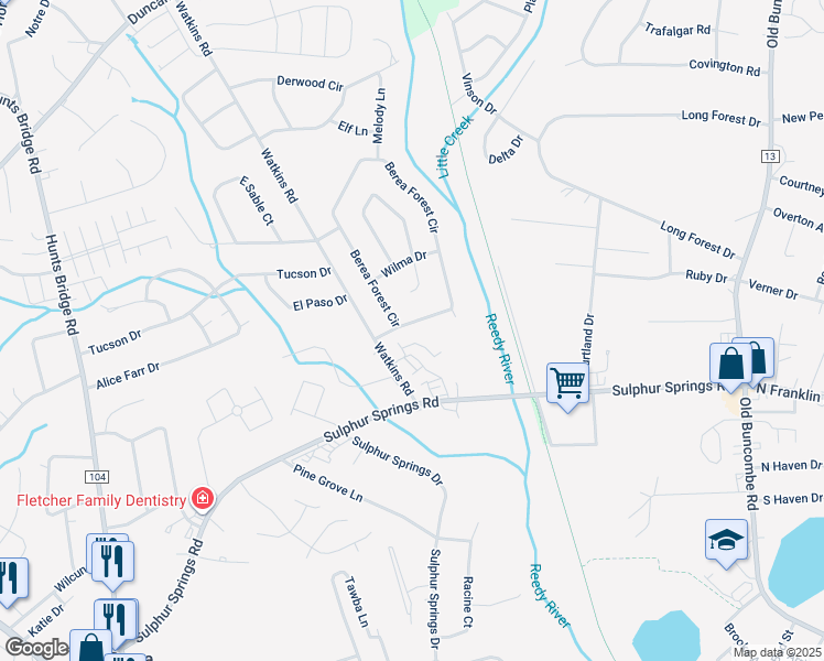 map of restaurants, bars, coffee shops, grocery stores, and more near 16 Berea Forest Circle in Greenville