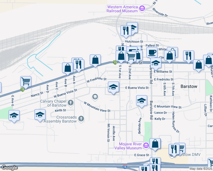 map of restaurants, bars, coffee shops, grocery stores, and more near 189 West Buena Vista Street in Barstow