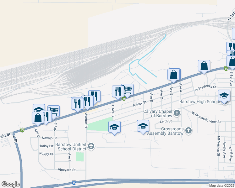 map of restaurants, bars, coffee shops, grocery stores, and more near 1280 Santa Fe Drive in Barstow