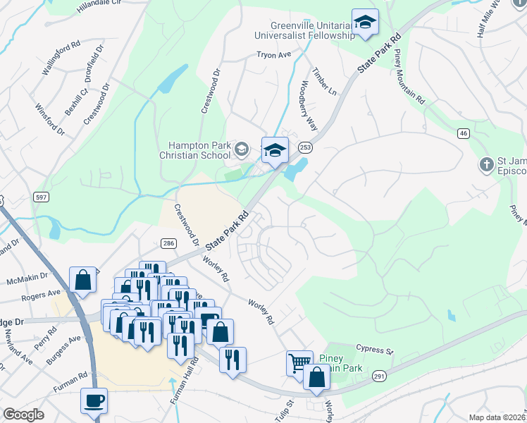 map of restaurants, bars, coffee shops, grocery stores, and more near 208 Lucca Dr in Greenville