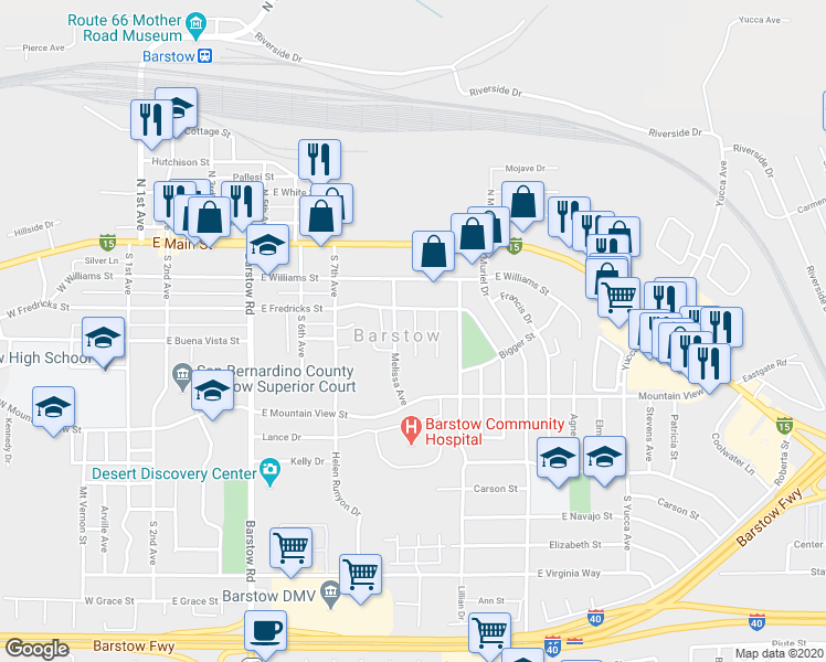 map of restaurants, bars, coffee shops, grocery stores, and more near 314 Mary Anne Avenue in Barstow