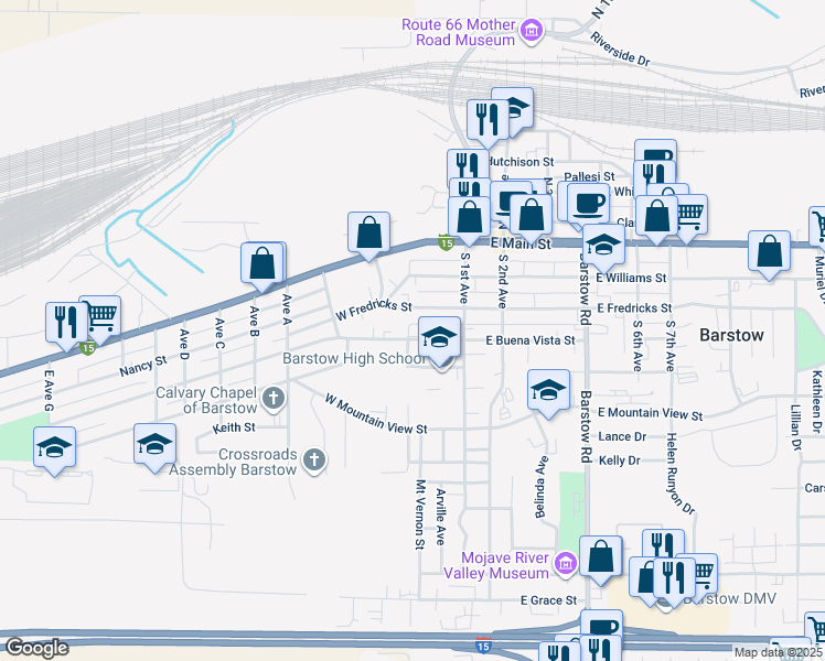 map of restaurants, bars, coffee shops, grocery stores, and more near 189 West Buena Vista Street in Barstow