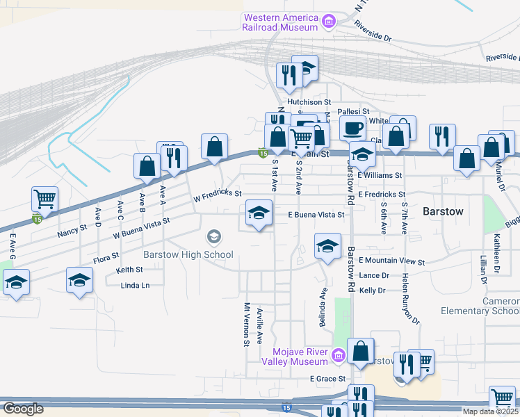 map of restaurants, bars, coffee shops, grocery stores, and more near 133 West Buena Vista Street in Barstow