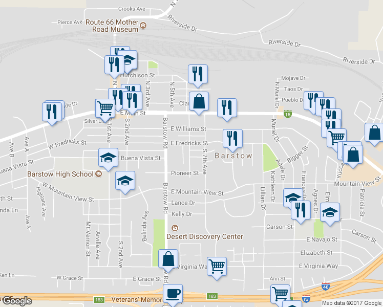 map of restaurants, bars, coffee shops, grocery stores, and more near 601 East Buena Vista Street in Barstow