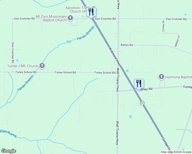 map of restaurants, bars, coffee shops, grocery stores, and more near 201 Toney School Road in Toney