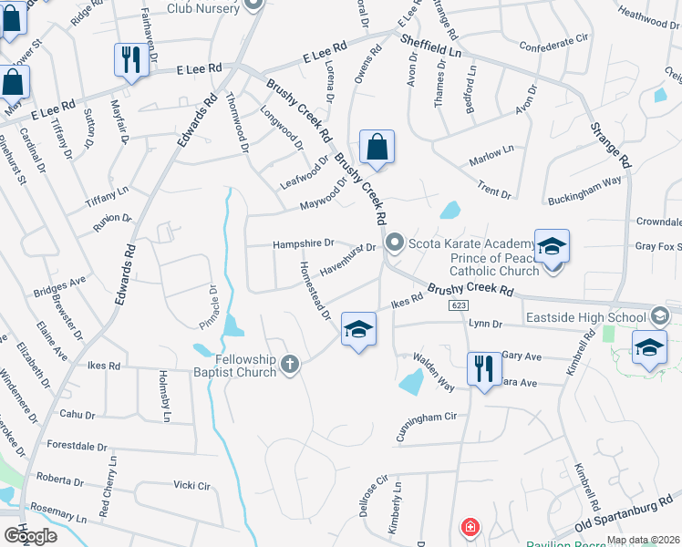 map of restaurants, bars, coffee shops, grocery stores, and more near 105 Havenhurst Drive in Taylors