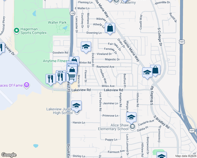 map of restaurants, bars, coffee shops, grocery stores, and more near 3490 Dickson Drive in Santa Maria