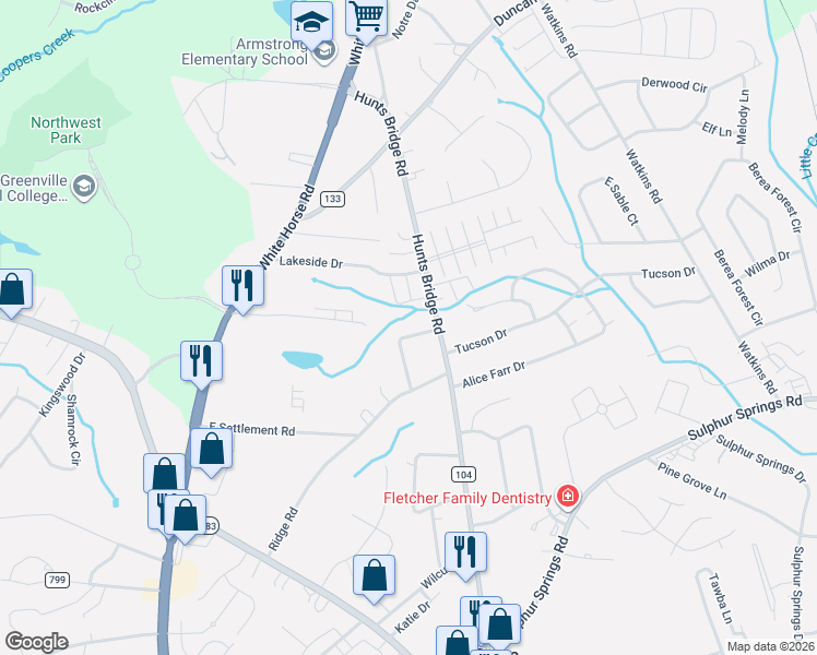 map of restaurants, bars, coffee shops, grocery stores, and more near 8 North Oak Forest Drive in Greenville