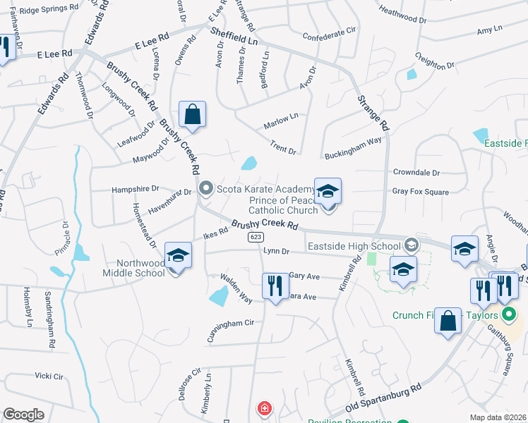 map of restaurants, bars, coffee shops, grocery stores, and more near 3 Collinwood Ln in Taylors