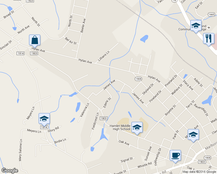 map of restaurants, bars, coffee shops, grocery stores, and more near 319 James Avenue in Hamlet