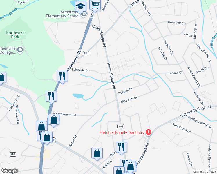 map of restaurants, bars, coffee shops, grocery stores, and more near 8 North Oak Forest Drive in Greenville