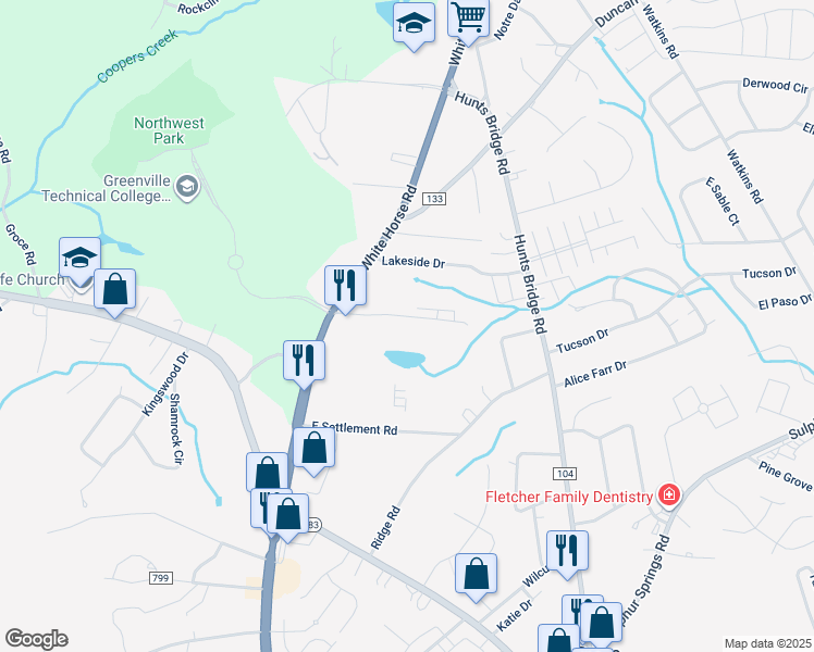 map of restaurants, bars, coffee shops, grocery stores, and more near 1 Eldorado Drive in Greenville