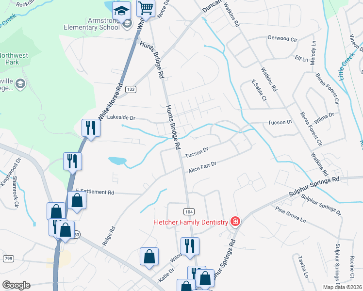 map of restaurants, bars, coffee shops, grocery stores, and more near 504 Hunts Bridge Road in Greenville