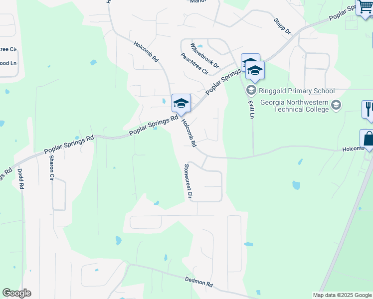 map of restaurants, bars, coffee shops, grocery stores, and more near 33 Sunrise Lane in Ringgold