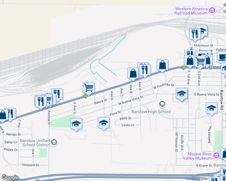 map of restaurants, bars, coffee shops, grocery stores, and more near 970 Main Street in Barstow