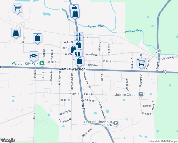 map of restaurants, bars, coffee shops, grocery stores, and more near 83 East 6th Street in Waldron