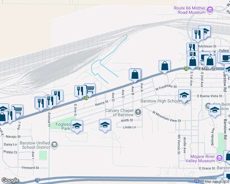 map of restaurants, bars, coffee shops, grocery stores, and more near 970 Main Street in Barstow