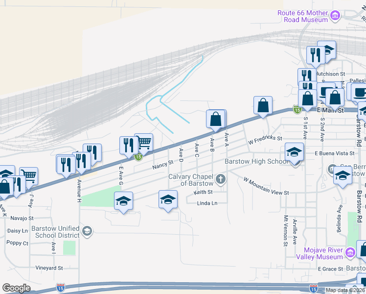 map of restaurants, bars, coffee shops, grocery stores, and more near 1010 National Trails Highway in Barstow