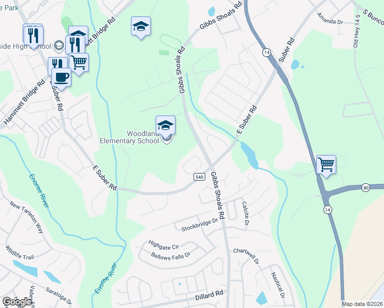 map of restaurants, bars, coffee shops, grocery stores, and more near 47 Wood Hollow Circle in Greer
