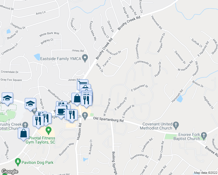map of restaurants, bars, coffee shops, grocery stores, and more near 219 West Silverleaf Street in Greer