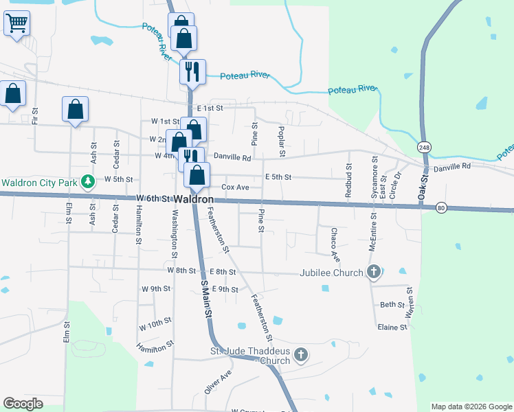 map of restaurants, bars, coffee shops, grocery stores, and more near 151 East 6th Street in Waldron
