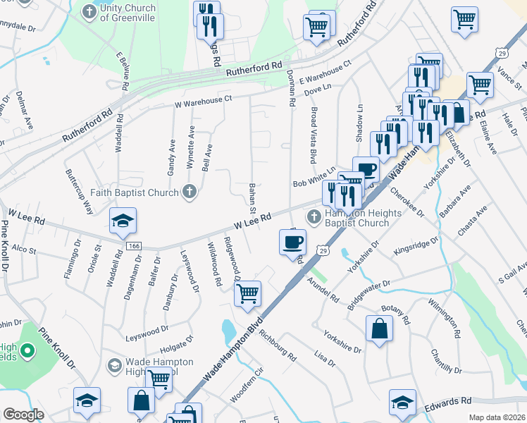 map of restaurants, bars, coffee shops, grocery stores, and more near 204 West Lee Road in Taylors