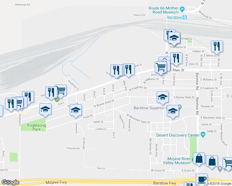 map of restaurants, bars, coffee shops, grocery stores, and more near 690 Nancy Street in Barstow