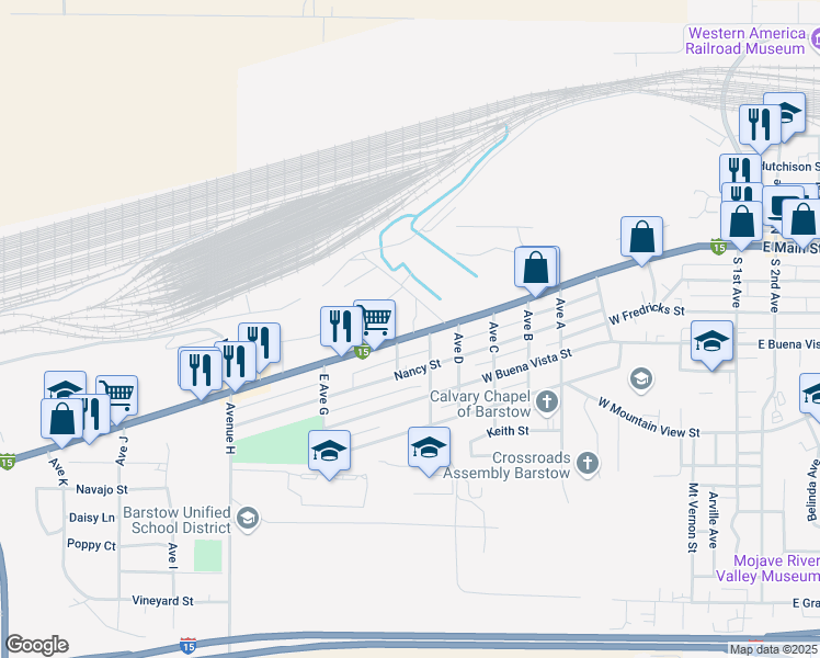map of restaurants, bars, coffee shops, grocery stores, and more near 1121 National Trails Highway in Barstow