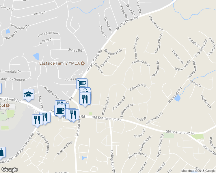 map of restaurants, bars, coffee shops, grocery stores, and more near 219 West Silverleaf Street in Greer