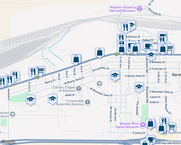 map of restaurants, bars, coffee shops, grocery stores, and more near 611 West Buena Vista Street in Barstow