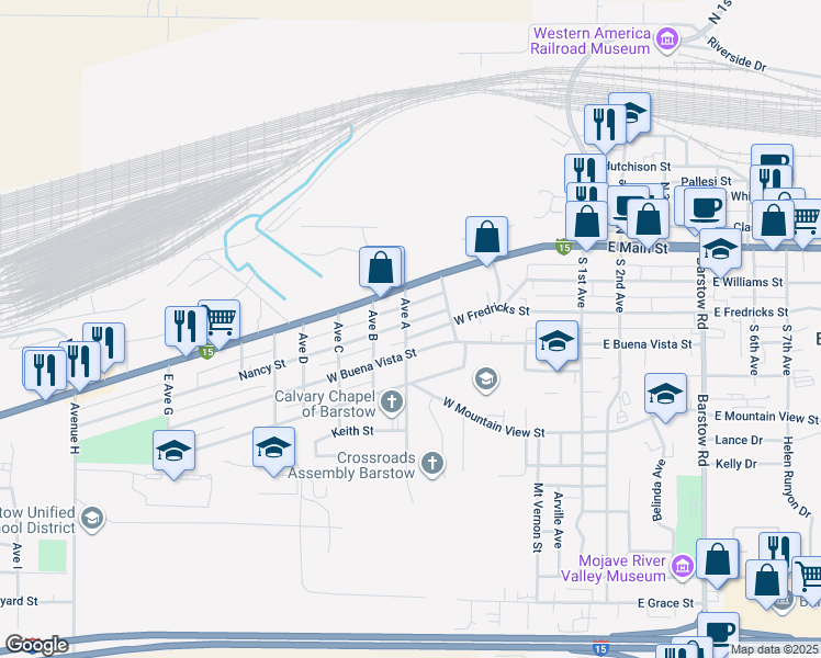 map of restaurants, bars, coffee shops, grocery stores, and more near 690 Nancy Street in Barstow