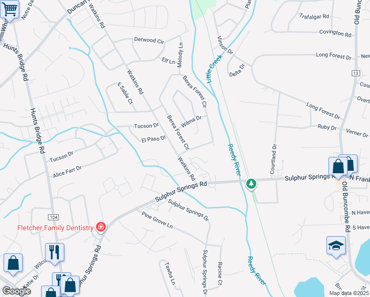 map of restaurants, bars, coffee shops, grocery stores, and more near 510 Berea Forest Circle in Greenville