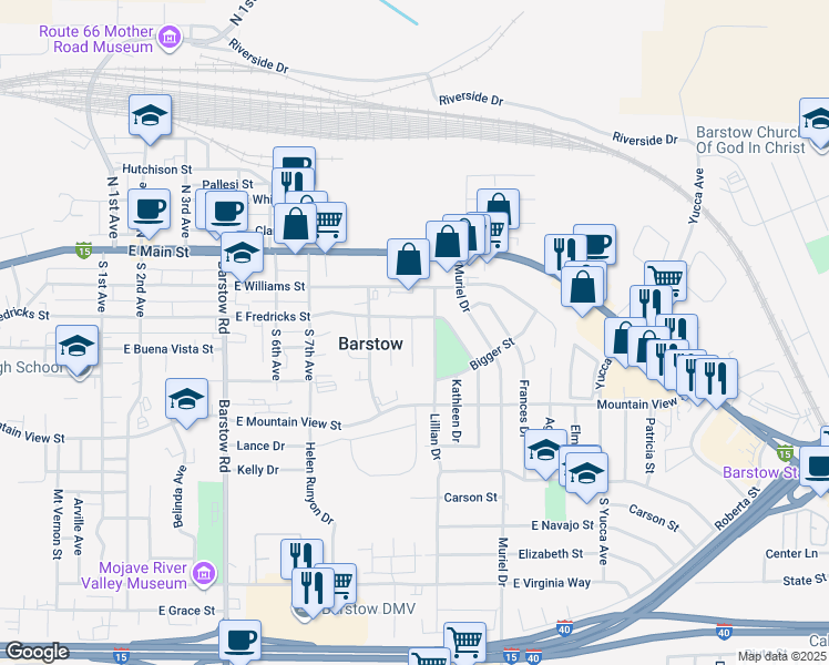 map of restaurants, bars, coffee shops, grocery stores, and more near 304 Maxine Avenue in Barstow