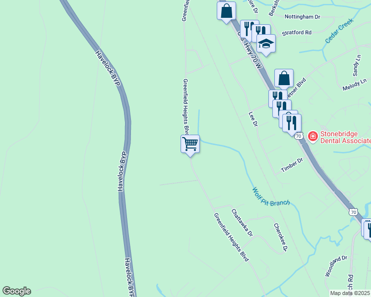 map of restaurants, bars, coffee shops, grocery stores, and more near 605 Greenfield Heights Boulevard in Havelock